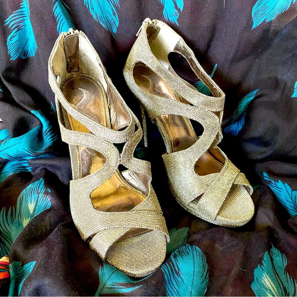 Nina Silver Platform Sandals with 4” Heels, Size 8.5